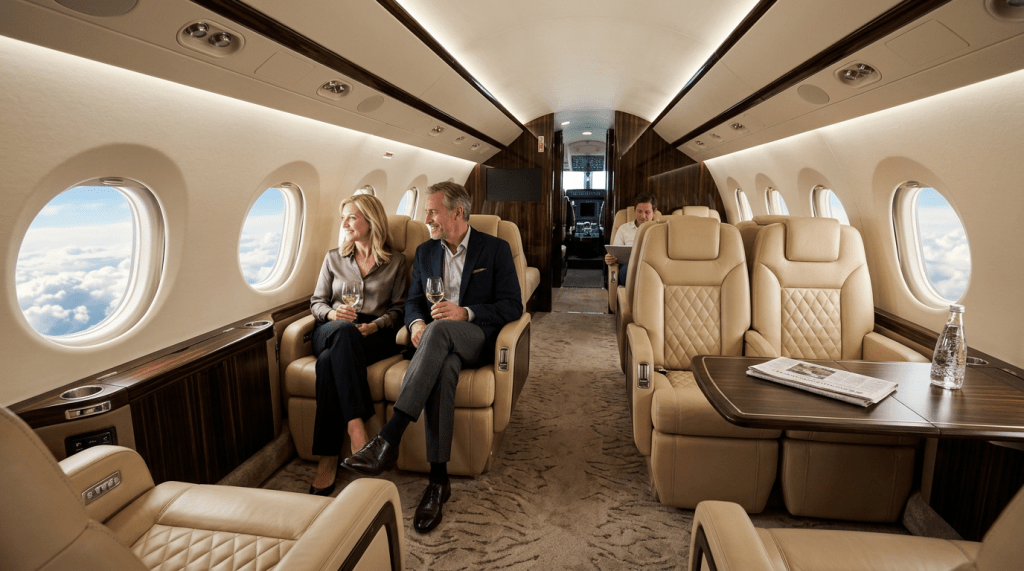 Two passengers sitting with drinks inside a luxurious private jet cabin
